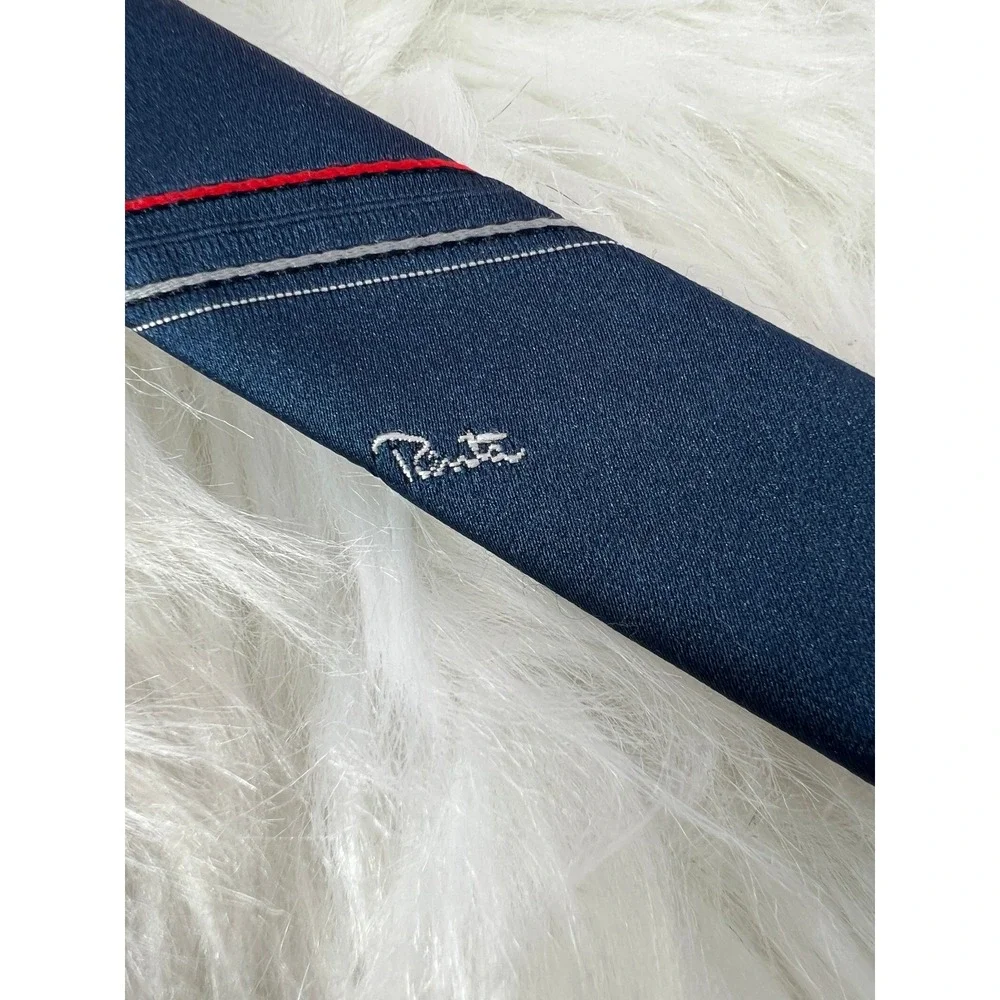 Vtg Oscar de la Renta 80s Silk Necktie Preppy Navy Blue‎ Striped Luxury Designer